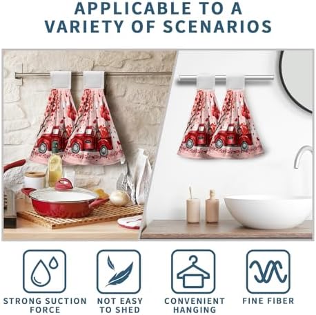Valentine Hanging Kitchen Towels Red Truck Gnome Love Heart Tree Hand Towel with Hanging Loop Sweet Romantic Dish Tie Towels Bath Towel for Anniversary Wedding Home Decor Set of 2