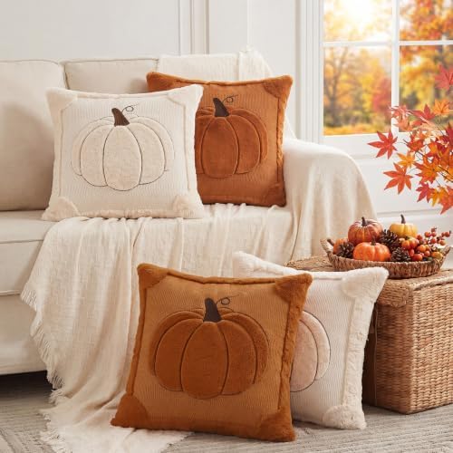 Softalker Fall Throw Pillow Covers 18x18 Set of 2 Rust Orange Pumpkin Plush