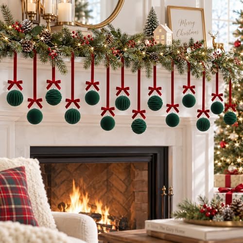 16 Sets Green Velvet Christmas Ball Ornaments with Bow Ribbon, 35" Long