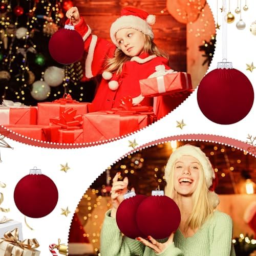 12 Pcs Jumbo Red Velvet Christmas Balls Ornaments Bulk 6 Inch Extra Large Flocked Christmas Tree Ornaments Xmas Bulbs Decorations Giant Hanging for Outdoor Indoor Xmas Home Party