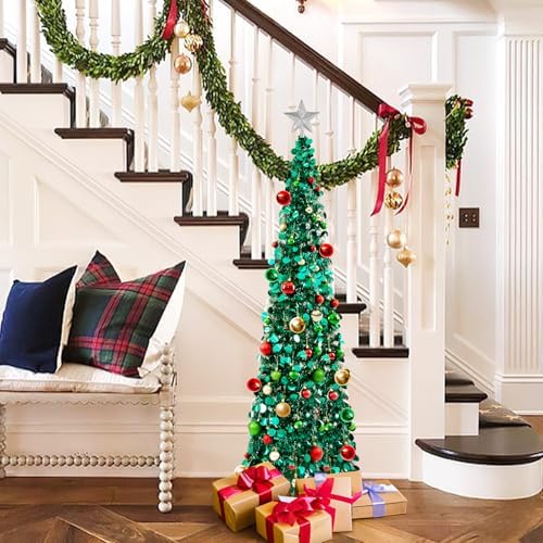 N&T NIETING Pop Up Christmas Tree with Lights & Ornaments,5FT, Peacock Blue