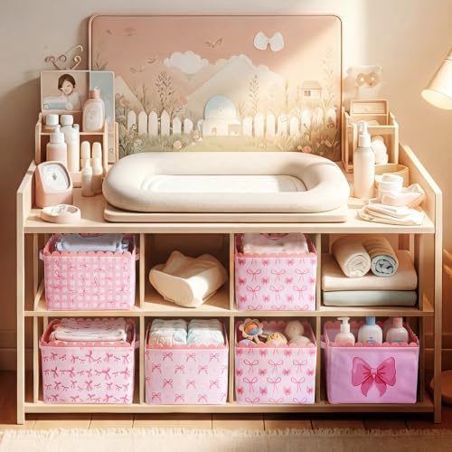 CHENGU 6 Pcs Pink Bow Storage Basket Collapsible Scalloped Storage Bin