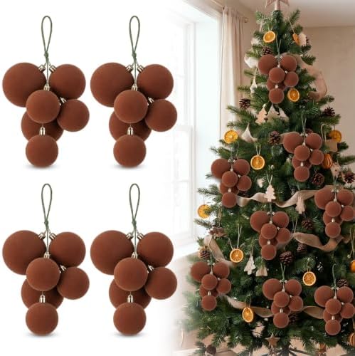 Roowest 4 Sets Large Brown Velvet Christmas Ball Clusters Ornaments Decor