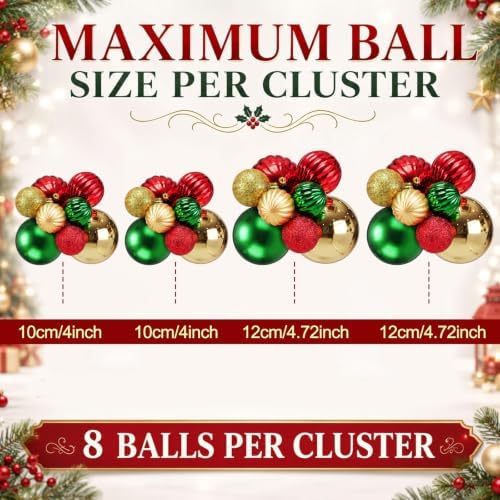 4 Set Large Red Green Gold Christmas Ball Cluster Fabric Ball Ornament