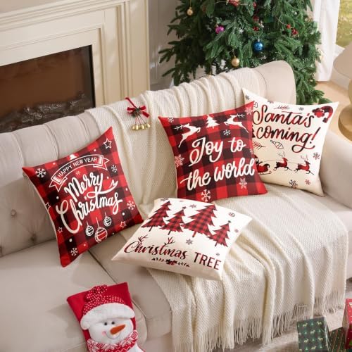 Plaid Christmas Pillow Covers 20x20 Buffalo Check Set of 4 Red Black Christmas Decorations Farmhouse Throw Pillow Covers Winter Holiday Linen Cushion Case for Home Sofa Couch Bed Chair