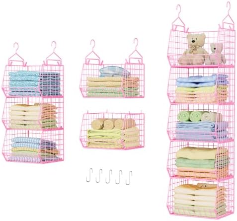 5 Tier Closet Hanging Organizer, Clothes Hanging Shelves with 4 Hanging Hooks 5 S Hooks, Wire Storage Basket Bins, for Clothing Sweaters Shoes Handbags Clutches Accessories Patent Design-Pink