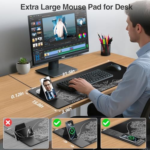 Wireless Charging Mouse Pad with Phone Holder, 31.5"x15.8" in, Black Wave
