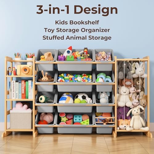 Toy Storage Organizer with Bookshelf and Stuffed Animal Storage - Kids Playroom Organization with 3 Shelves and 12 Toy Bins - Toddler Living Room Toy Box for Lego - Nursery Bedroom Decor Essential