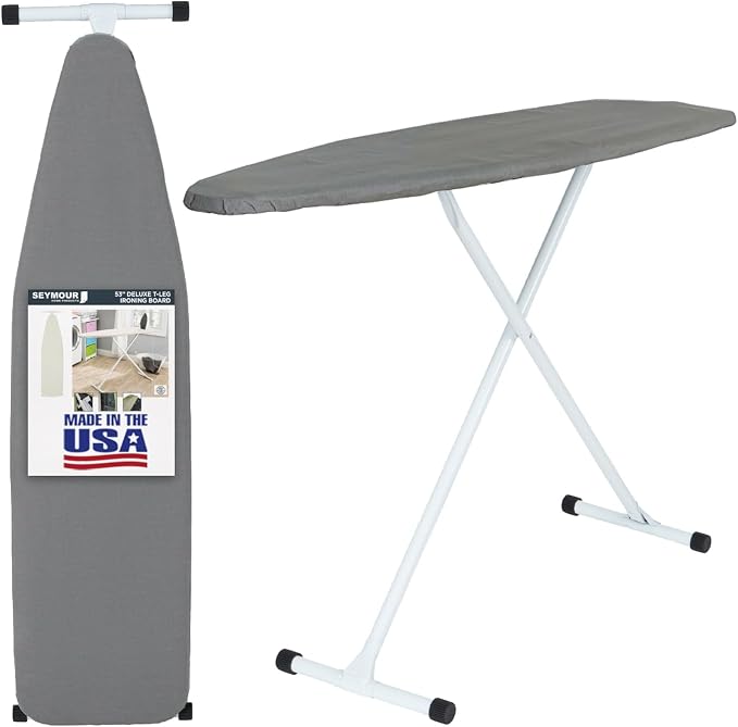 Full Size Ironing Board with Cover & Pad – USA-Made with Enhanced Grip Feet for Extra Stability – Adjustable Steel T-Legs 35" High – Perforated Top – Durable Iron Board for Home, Laundry Room, Grey