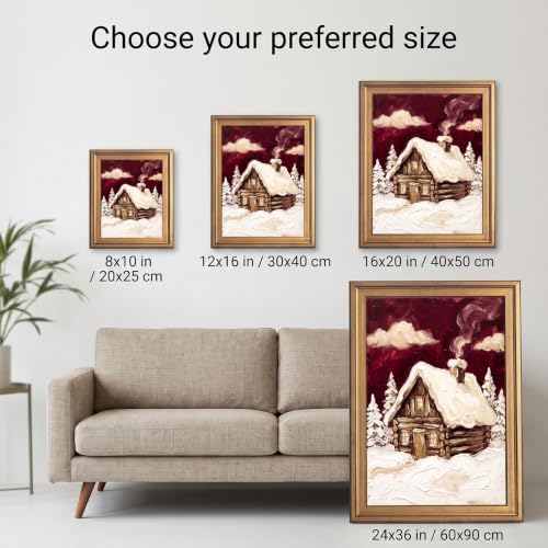 Framed Canvas Wall Art Expressive Winter Cozy Cabin Deep Red and Creamy White Impasto Canvas Print Poster Gold Frame Wall Decor for Living Room Rustic Art, Snowy Scene - Inch 24x36