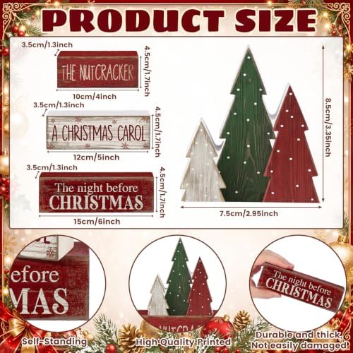 Moucuny 4 Pcs Christmas Table Decorations Rustic Christmas Tree Stacked Wooden Signs Decor Red Green and White Winter Tiered Tray Decor Xmas Table Centerpiece Farmhouse for Home Kitchen Shelf