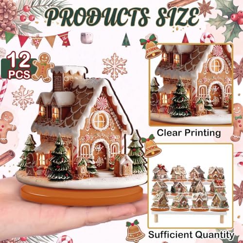 Leinuosen 12 Pcs Gingerbread Christmas Table Decoration Gingerbread House Tiered Tray Decor Wooden Ginger Bread Village Centerpiece Farmhouse Xmas Decor for Home Kitchen Coffee Bar Shelf Indoor