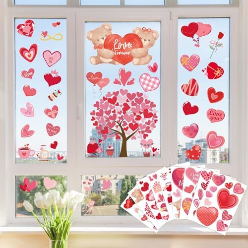 Valentines Day Decorations - Heart Window Clings for Glass | Valentines Decor Indoor Outdoor - Valentine's Day Accessories Party Favors Supplies for Home School Class Office
