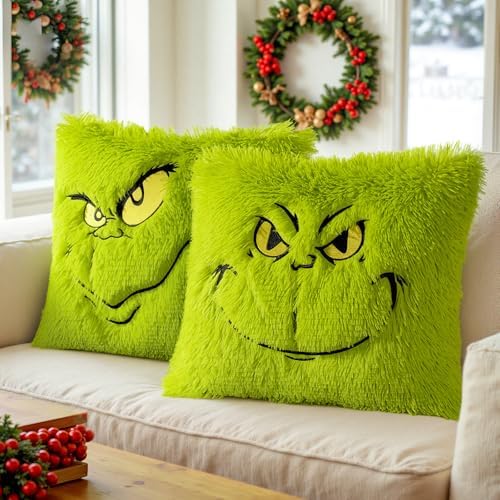 eowvsio 2PCS Chrismas Pillow Covers 18x18 inch,Green Xmas Throw Pillow Cases,Chrismas Decor Soft Plush Faux Fur Wool Couch Cushion Case for Chair Sofa Bedroom Living Room