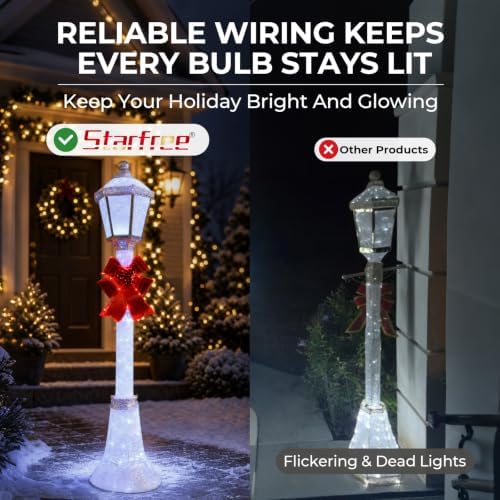 60-Inch Outdoor Christmas Decorations Outdoor Lighted Lamp Post 3D Lamppost LED Lighted Post Christmas Decoration with 128 LED Lights & Bow Holiday Decorations for Yard, Porch, Patio