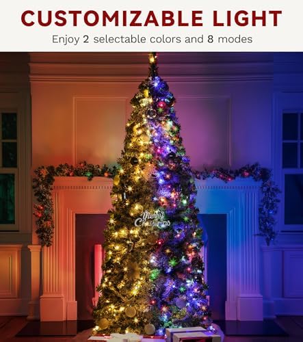 DWVO 6FT Pre-Lit Flocked Pencil Christmas Tree with 300 Dual-Color LEDs