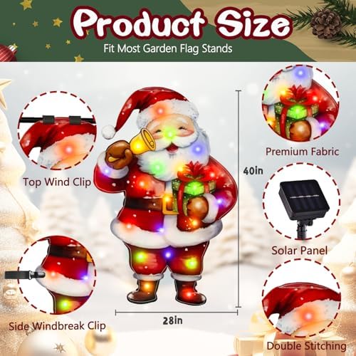 28x40 Lighted Christmas Santa Garden Flag, 8 Modes Solar LED