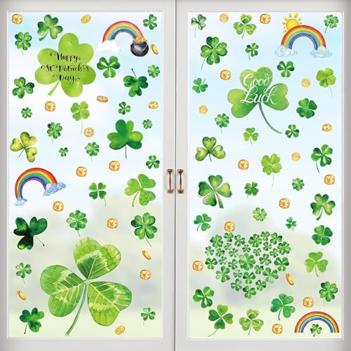 9 Sheets St Patrick's Day Window Clings, 217 PCS Green St Patricks Day Shamrock Window Stickers with Coins Rainbow, Double Sided Static Window Clings for Glass Windows St Patricks Day Decorations