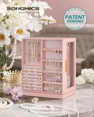 SONGMICS Jewelry Box Organizer, 360° Rotating, 5 Drawers, Jelly Pink