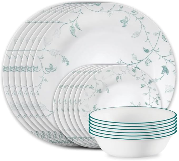 Corelle Vitrelle 18-Piece Service for 6 Dinnerware Set, Triple Layer Glass and Chip Resistant, Lightweight Round Plates and Bowls Set, Chambord