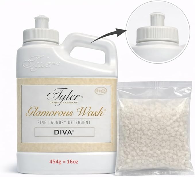 Tyler Candle Glamorous Liquid Wash Detergent Wash, Liquid, Diva, 16 Fl oz/with Dryer Sachet Single Pouch, Pull and Pour Spill Proof Cap ox