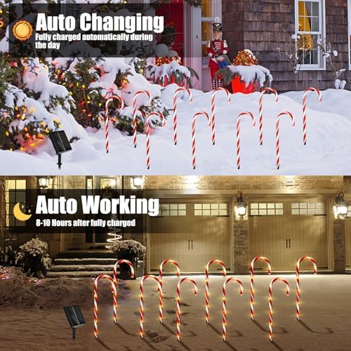 10 Pack Solar Candy Cane Lights, 21 Inch Red Christmas Yard Decorations
