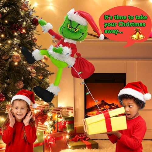 Christmas Green Monster Decorations, 23.6in Light Up Green Santa with LED String Lights Christmas Tree Ornaments, Pose-able Stuffed Doll for Outdoor Indoor Lawn Decoration