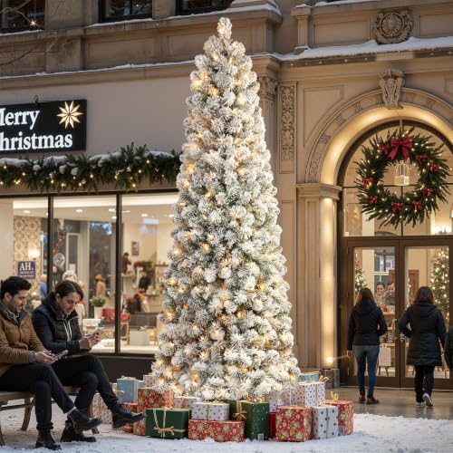 SHareconn 9ft Prelit Snow Flocked Artificial Slim Pencil Christmas Tree
