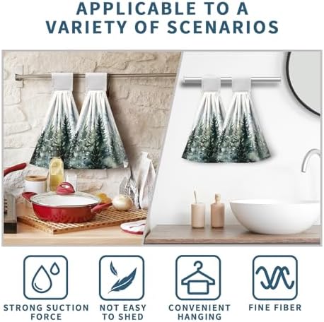 Watercolor Green Tree Hanging Hand Towels Christmas Pine Tree Kitchen Tie Towel Rustic Nature Forest Hand Towels with Hook Loops Winter Hanging Kitchen Towel Fast Drying Dish Tea Towels, 2pcs