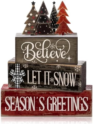 Moucuny 4 Pcs Christmas Decor Wooden Block Signs for Tiered Tray Table
