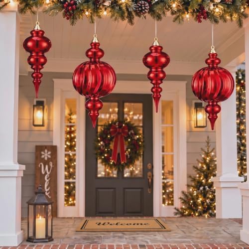 4 Pcs Large Christmas Finial Porch Ornaments 10.3 Inch Red Finial Decor