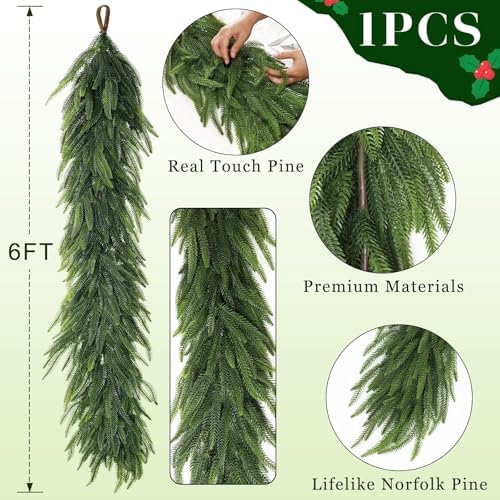 6FT 1PCS Artificial Christmas Norfolk Pine Garland for Fireplace Decor