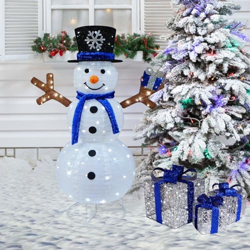 Lighted Gift Boxes Set of 3, Silver Boxes with Bow, Prelit 60 White Lights Present Box Lighted Display with Plug for Home Porch Outdoor Yard Christmas Decorations-Blue