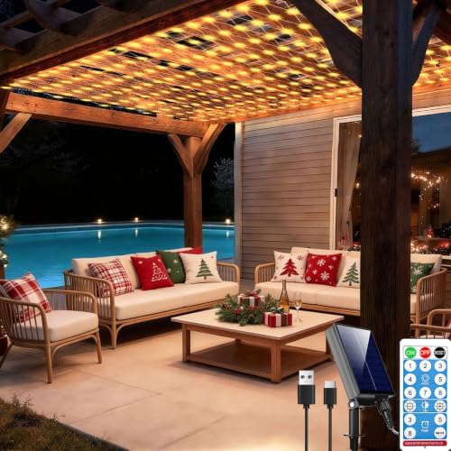 10ft x 10ft Solar Net Lights, 280LED Gazebo Mesh Lights Solar & USB Powered, Waterproof Netting Lights 8 Modes Clear Wire for Bushes Patio Garden Christmas Holiday Party Outdoor Decor (Warm White)