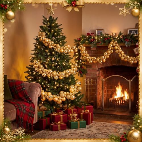 Silipull 5 Pcs 2.3 ft Large Christmas Ball Garland Ornaments, Gold