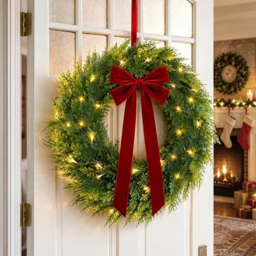 Christmas Decorations, 22 Inch Pre-Lit Christmas Wreath with Red Velvet Bow