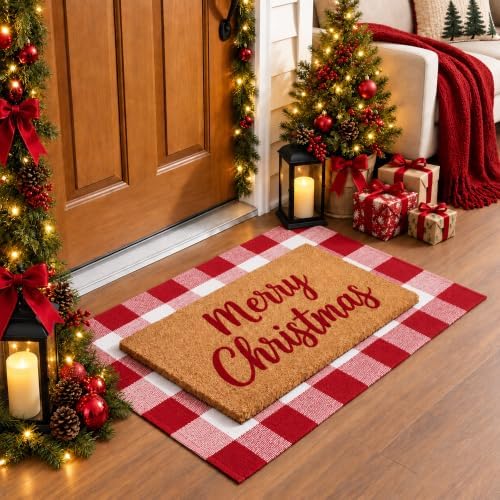 Christmas Red and White Plaid Door Mat, 28 x 43 Inches Cotton Hand-Woven Layered Entry Mat for Front Porch, Entryway, Outdoor Holiday Decor, Washable Buffalo Check Doormat for Home, Patio, Kitchen