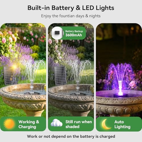 Antfraer 8W Solar Fountain Pump Built-in 3600mAh Battery & LED Lights, Solar Powered Water Pump with Double-Layer Nozzle & 5ft Tubing, Solar Water Fountain For Bird Bath Pond Garden DIY Water Features