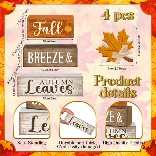 Lineshading 4 Pcs Wooden Fall Block Signs Farmhouse Tabletop Decor