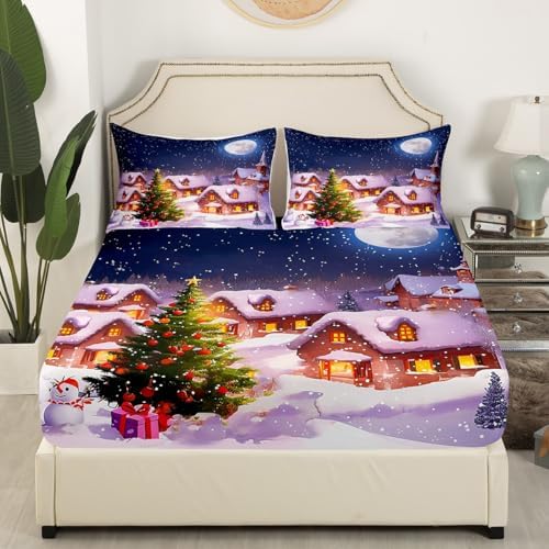 Castle Fairy Christmas Trees Bed Sheet Queen Set Santa Claus and Snowman Sheets Sets Adults Bedroom Decor Starry Sky Microfiber Bedding Set with Flat,Fitted Sheet,2 Pillow Cases