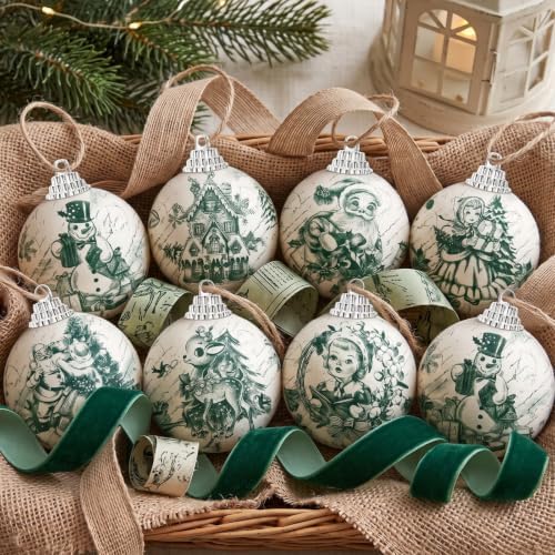 Outus 16pcs Green Vintage Toile De Jouy Christmas Ball Tree Ornaments