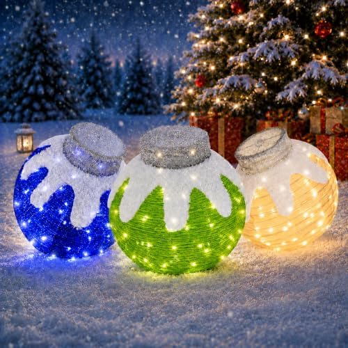 3 Pcs Outdoor Christmas Ornaments, Lighted Pop-Up Holiday Ball Decoration with 240 LED Lights, 8 Light Functions, Lighted Collapsible Christmas Outdoor Decorations for Yard, Patio, Home