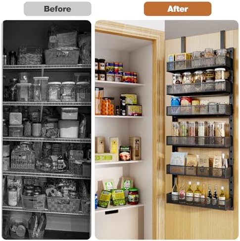 Pantry Door Organizers and Storage, 6-Tier Large Metal Heavy-Duty Frame Over the Door Spice Rack, 2 in 1 Wall-Mounted or Hanging shelf for Kitchen, Bathroom, Laundry Room, Bedroom, Closet &Nursery