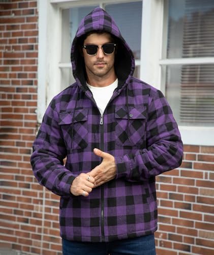 GEEK LIGHTING Men's Flannel Shirts Jacket Sherpa Lined Plaid Zipper Hoodie