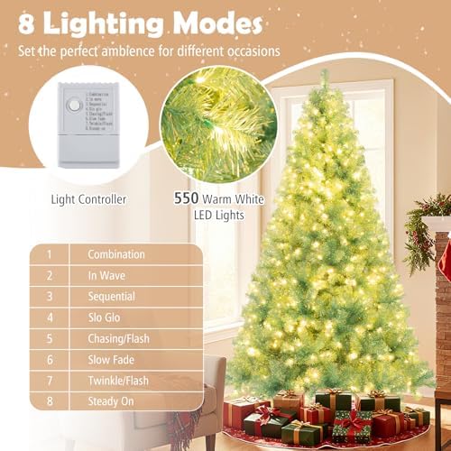 HAPPYGRILL 7.5 FT Pre-lit Tinsel Christmas Tree Artificial Xmas Tree with 550 LED Lights, 8 Modes, 1300 Fruit Green Branch Tips, Folding Metal Stand, Seasonal Holiday Tree for Home Office Party