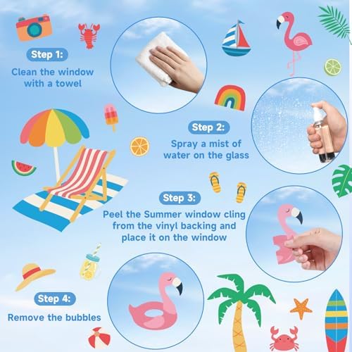 Summer Window Clings for Glass Windows Decor, Beach Window Decals for Kids