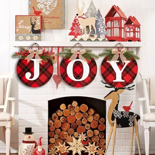 Rustic Christmas Door Decorations, Wooden Joy Sign for Front Door Decor