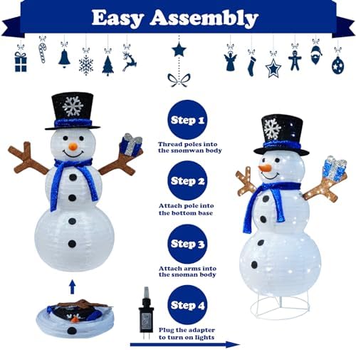 Outdoor Snowman Lighted, Pop-Up Snowman Outdoor Yard Christmas Decorations Prelit 100 Lights, Collapsible Lighted Snowmen Wears Blue Scarf and Holds Light Up Gift Box for Home Porch Yard Décor-Blue
