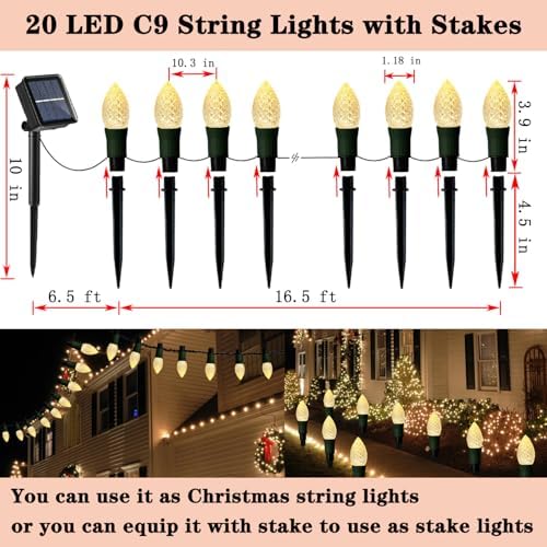 Huacenmy Solar Christmas Pathway Lights Outdoor, 20 LED C9 With 20 Stakes, 23FT Decorations Strawberry String for Roof Yard Patio Walkway Driveway, Warm White