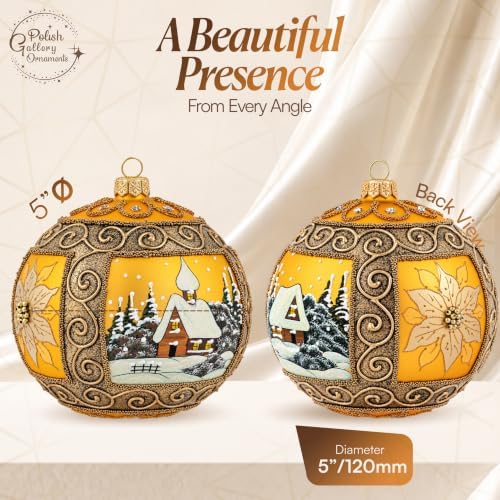 Polish Hand Blown Glass Christmas Ornaments Ball, Winter Charm Gold 5 in